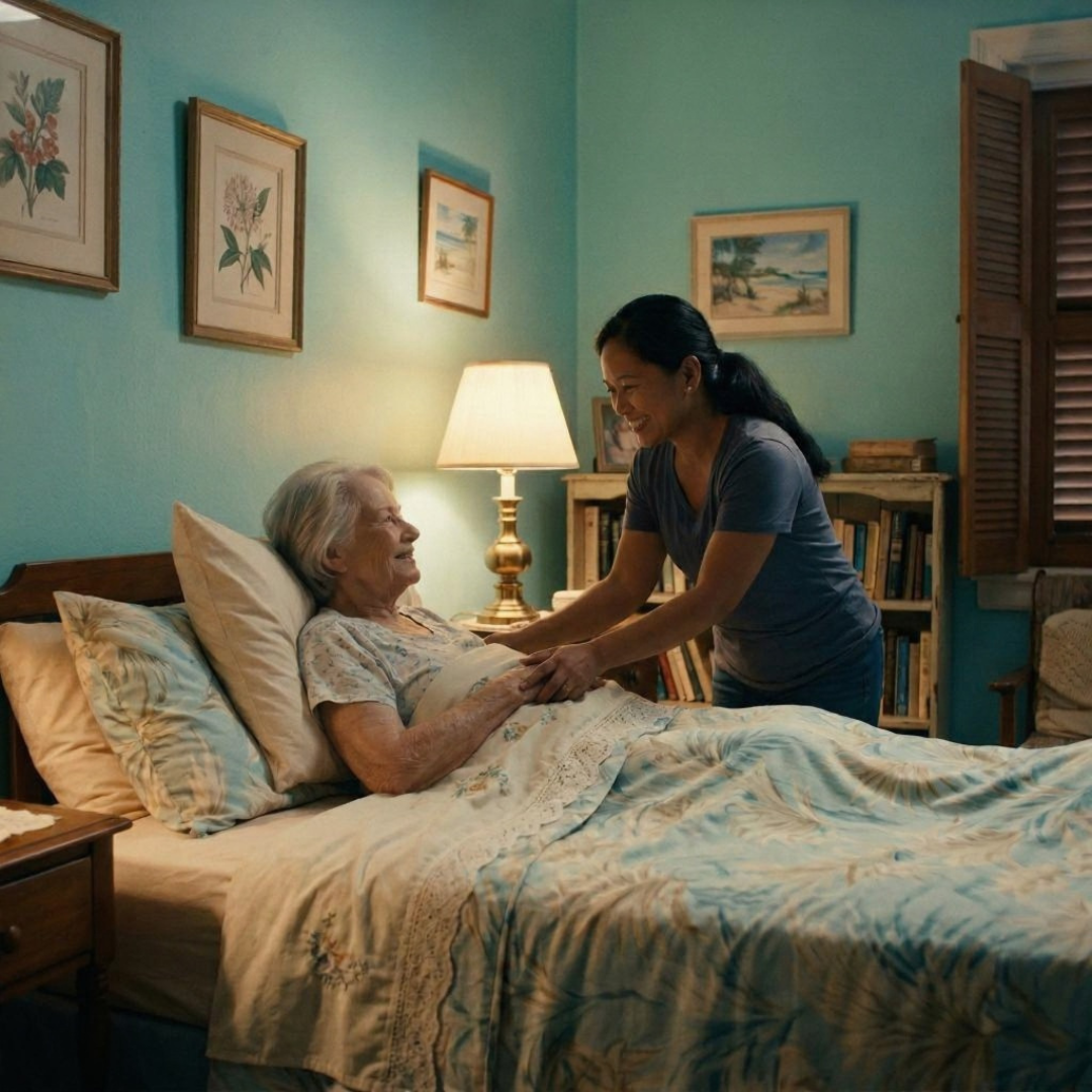 Filipina woman taking care of a senior old lady at home tucking her in bed.